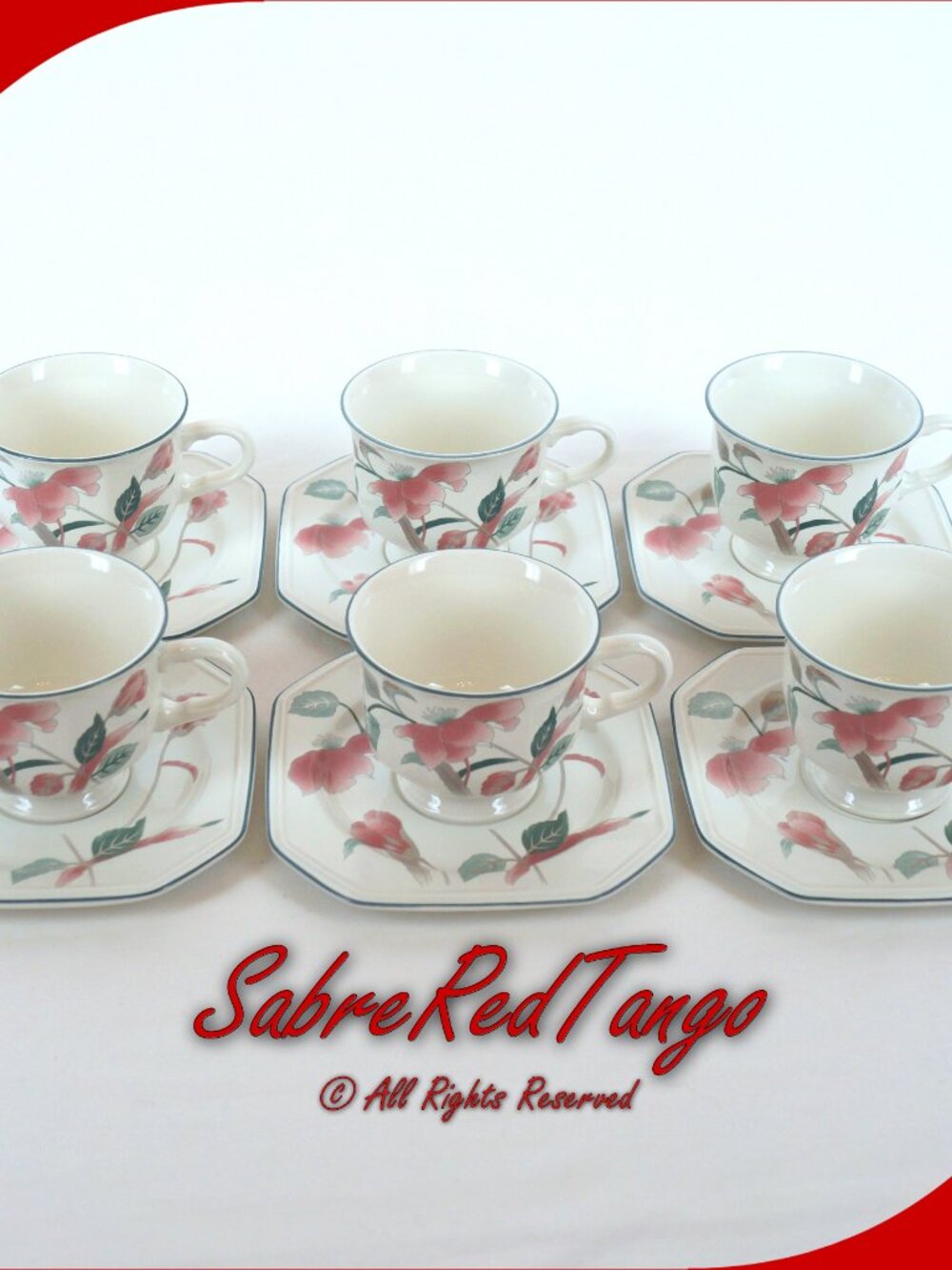 Vintage Mikasa Ceramic Footed Cup & Saucer Set Of 6 F3003 Silk Flowers